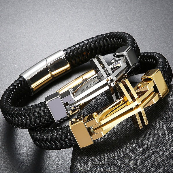 Cross Leather Wrap Bracelet for Men Cowhide Bangles