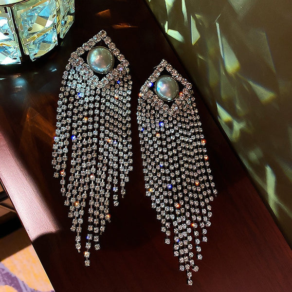 Pendientes largos con borlas de cristal para mujer, bisutería de gran tamaño, pendientes geométricos con perlas y diamantes de imitación.