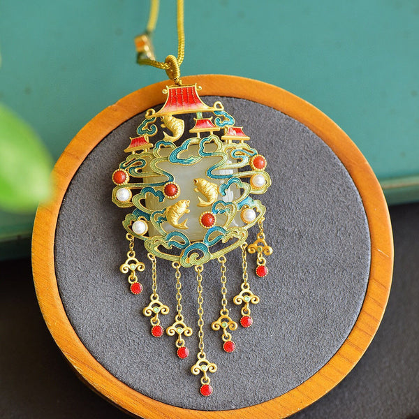 Gilt natural Hetian jade geometric carp pearl necklace pendant