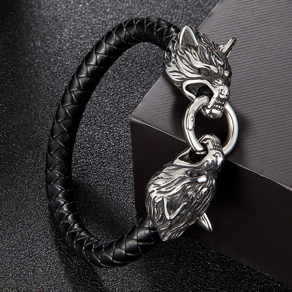 Pulsera de acero inoxidable con cabeza de lobo doble estilo punk para hombre