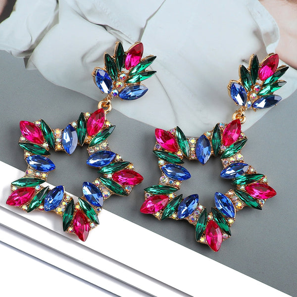 Pendientes colgantes de lujo con diseño geométrico de estrella de pentagrama y incrustaciones de metal, brillantes y brillantes.