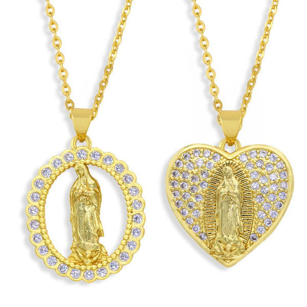 Copper CZ Virgin Mary Necklace White Stone Crystal Rhinestone Heart Necklace