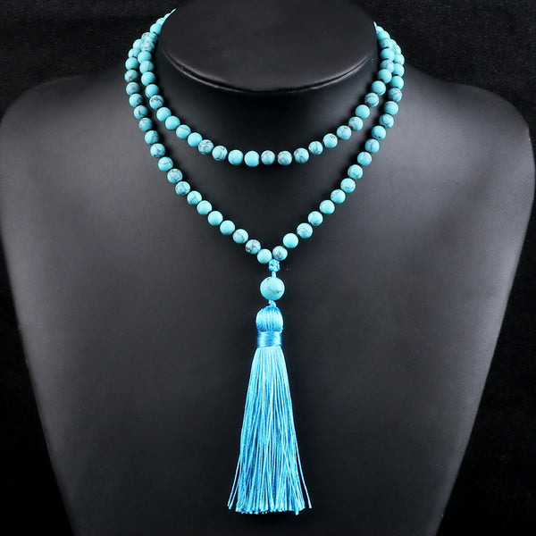 Collar de japamala anudado con 108 cuentas para mujer y hombre, con colgante de piedra de pino azul bohemio.