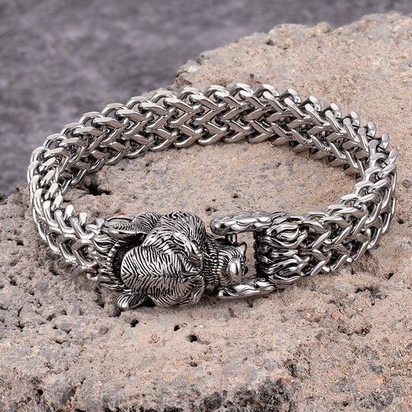 Pulseras de motociclista de acero inoxidable con eslabones de cadena y cabeza de lobo dorada para hombre