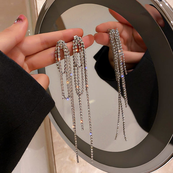 Pendientes largos con borlas de cristal para mujer, bisutería, pendientes geométricos colgantes con diamantes de imitación.