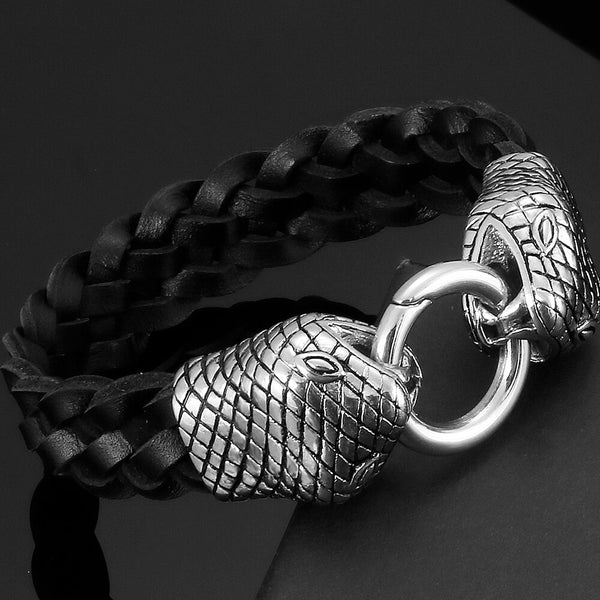 Pulsera de cuero trenzado de 18 mm con cabeza de Sanke de hip hop para hombre