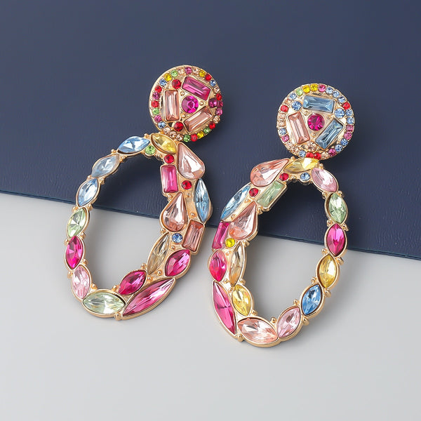 Pendientes geométricos de diamantes de imitación de colores ovalados de metal de moda para mujer