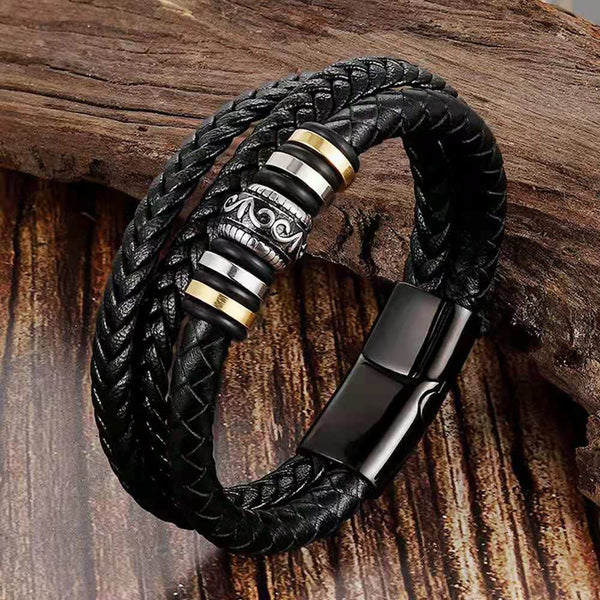 Multi-layer Leather Stainless Steel Metal Luxury Men Leather Bracelet