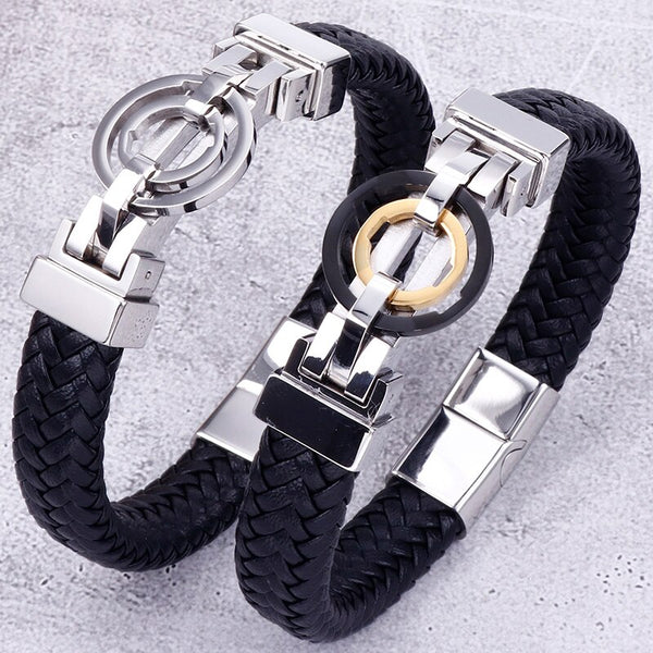 Pulsera de cuero negro para hombre con cierre magnético, pulsera de acero inoxidable trenzada de cuero de vaca.