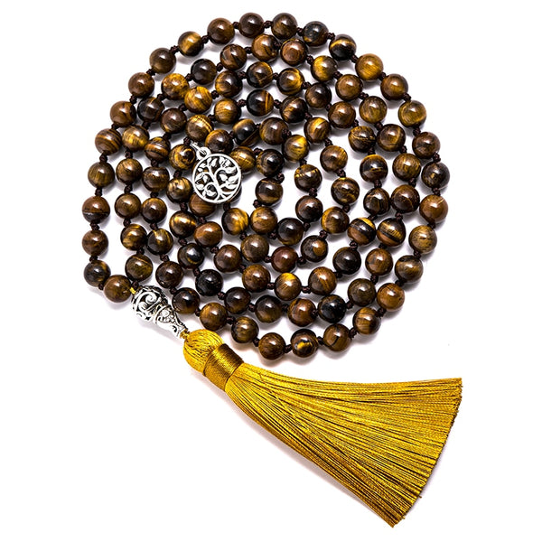 8mm Natural Yellow Tiger Eye Knotted Mala Necklace