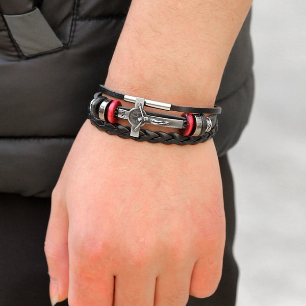 Pulsera de cuero punk con cruz de Jesús multicapa