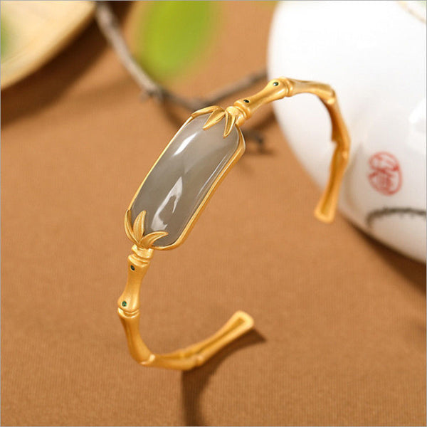 Pulsera para mujer con hoja de bambú y hollín de jade hetiano natural, elaborada con oro antiguo