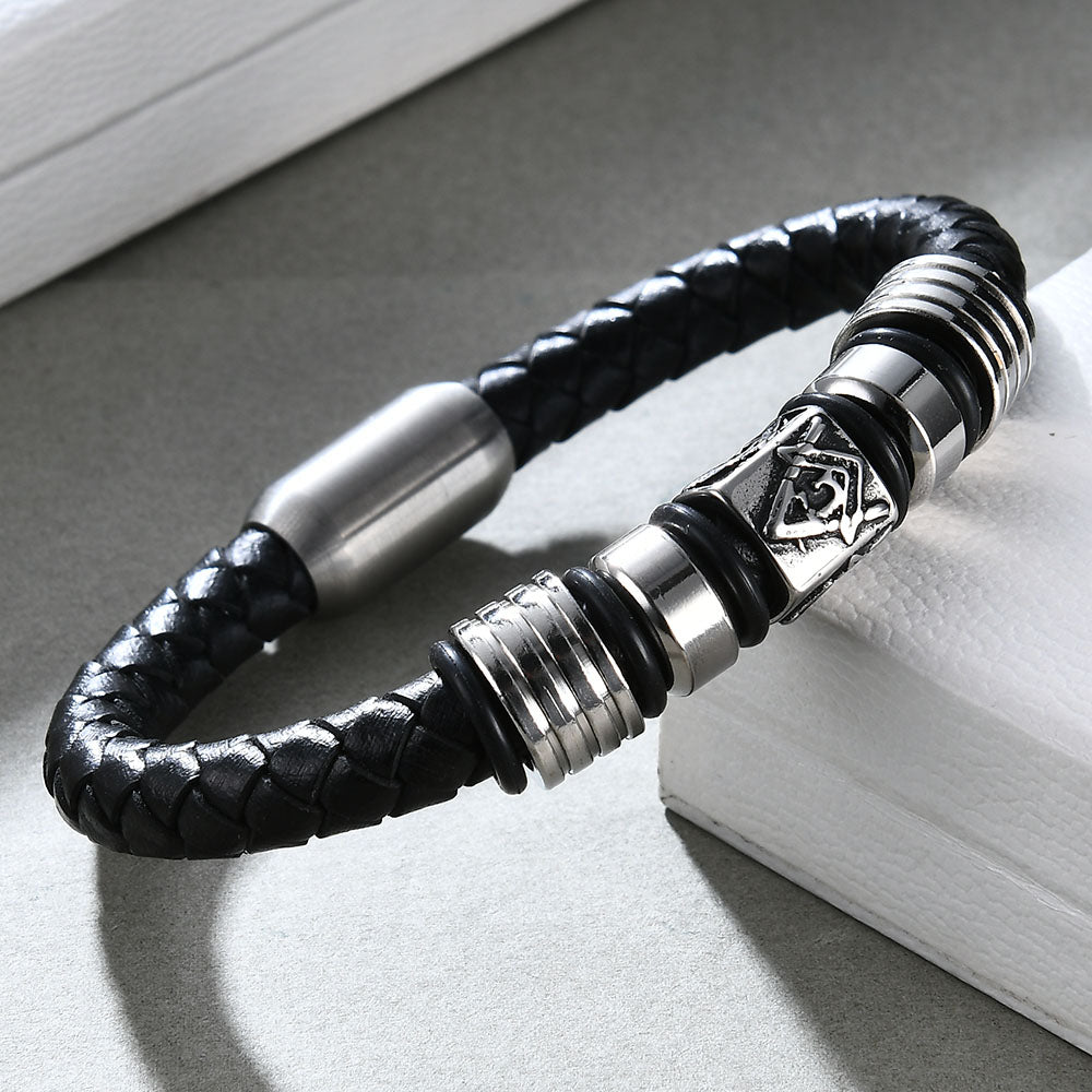 Leather Masonic Freemason Bracelet Braided Magnet Bangle
