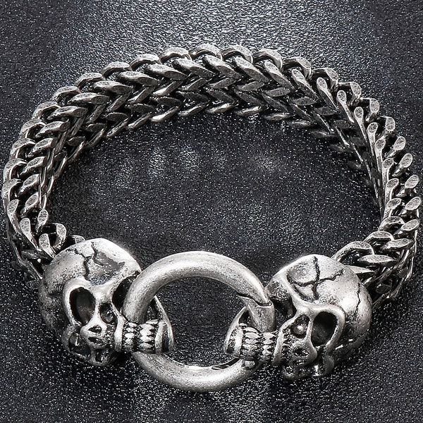 Pulsera gótica para hombre con doble cabeza de calavera de león y lobo, brazalete de 12 mm con eslabones francos.
