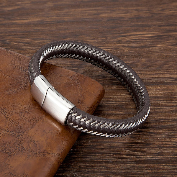 Pulsera de cuerda de cuero marrón trenzada de acero inoxidable para hombre