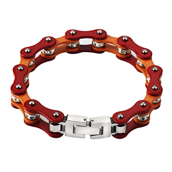 Pulsera de bicicleta para hombre, acero inoxidable 316L, color rojo y naranja, cadena de pulseras de motociclista