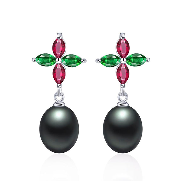 925 Sterling Silver Red and Green Leave Zircon Drop Earrings For Women