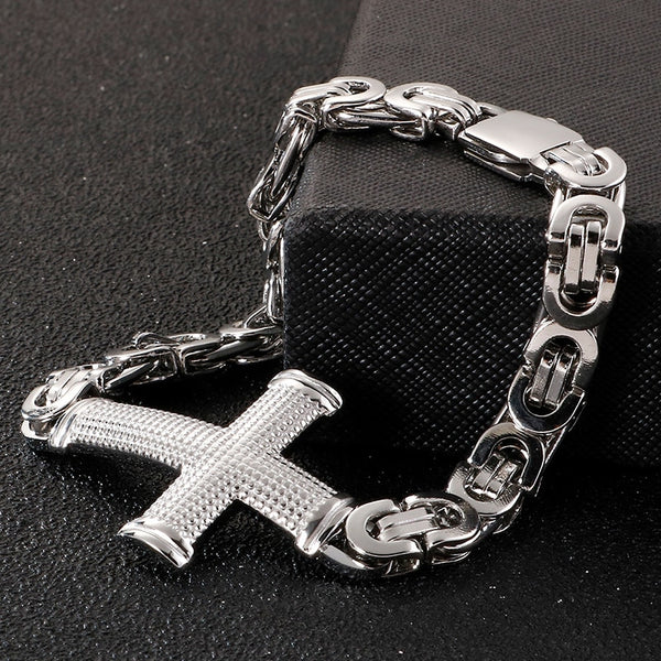 Pulsera de cadena cruzada de 9 mm para hombre, de acero inoxidable negro chapado en oro.