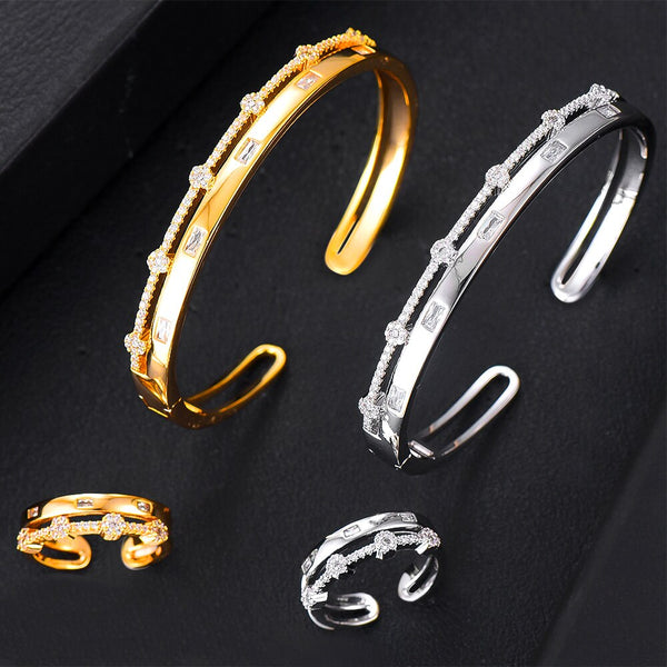 Luxury 2 ROWS Bangle Ring Sets Cubic Zirconia CZ Dubai Bridal Jewelry Sets