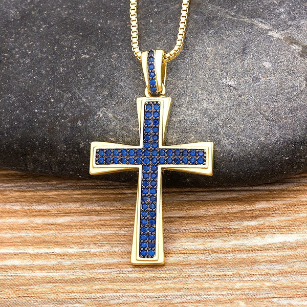 Collar con colgante de cadena y cristal azul en forma de cruz de nuevo diseño