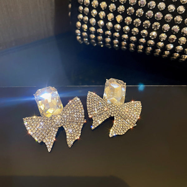 Pendientes colgantes geométricos de cristal cuadrado para mujer con lazo y diamantes de imitación
