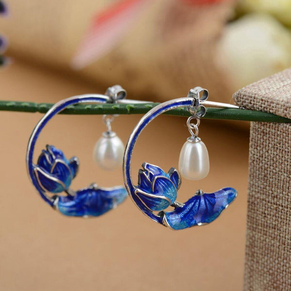 Lotus cloisonne enamel porcelain craft pearl earrings