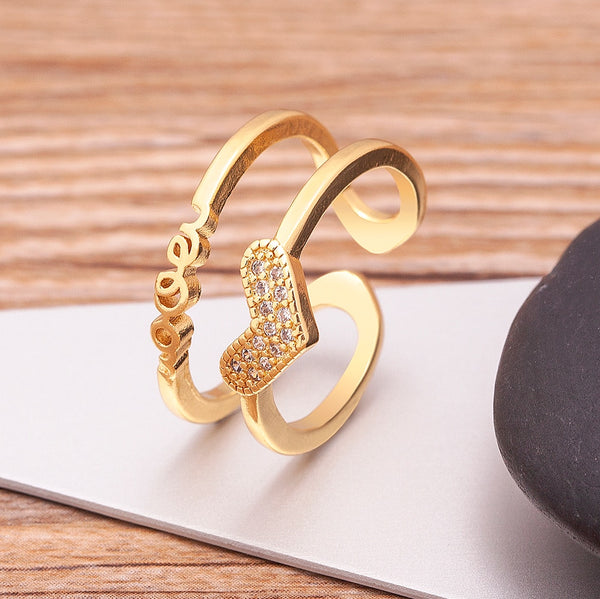 Nuevos anillos de lujo con corazón abierto de doble capa de oro y circonita para mujer