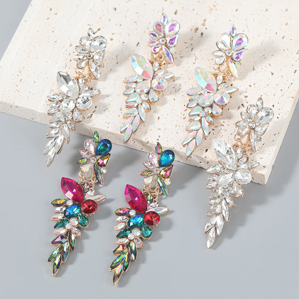 Fashion Metal Rhinestone Flower Long Earrings Women