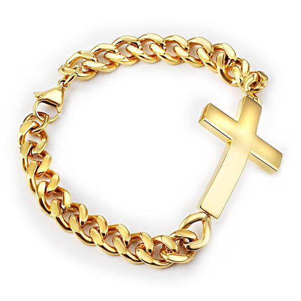 Pulsera cubana de oro con eslabones y cruz para hombres y mujeres