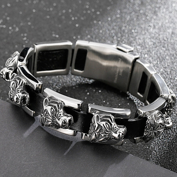 Men's Leather Bracelets On Hand With Belt Buckle Gothic Tiger Head Bracelets