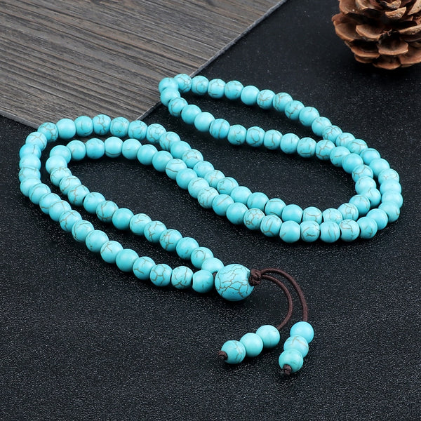 Collar bohemio hecho a mano para mujer, moderno collar de cuentas de ónix azul natural de 6 mm para hombre, 108 Mala