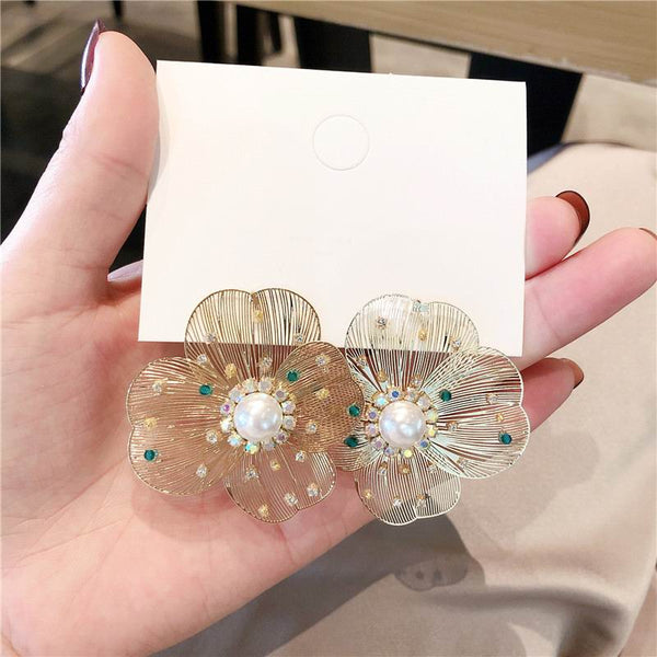 Pendientes de flores metálicas grandes con incrustaciones de diamantes de imitación para mujer