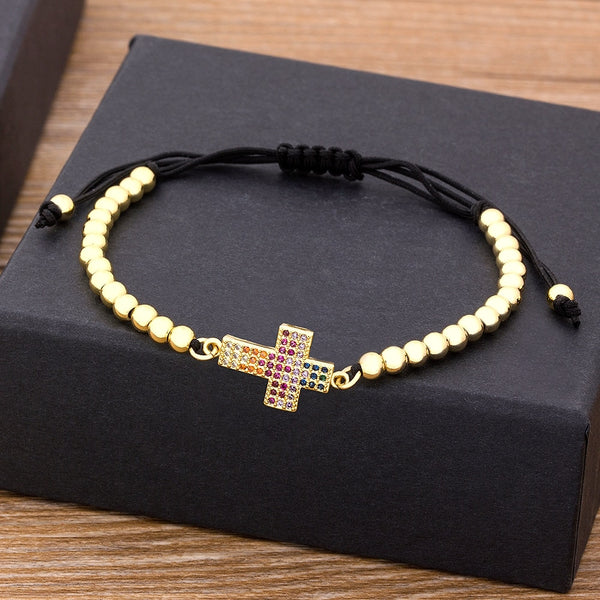 Pulsera de cruz de Jesús de 4 mm con cuentas de cobre y circonita cúbica, hecha a mano, ajustable, para mujer.