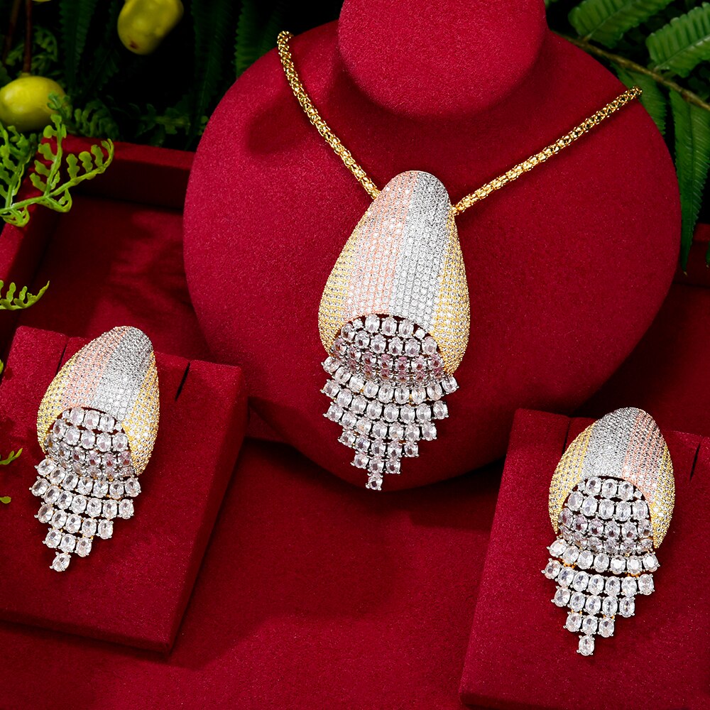 Romantic 2PCS Tricolor Necklace Earring Jewelry Set For Women
