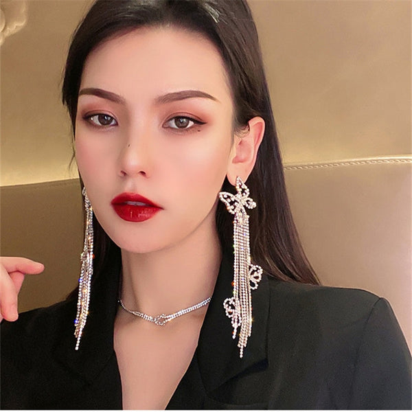 Pendientes largos con borlas y diamantes de imitación para mujer