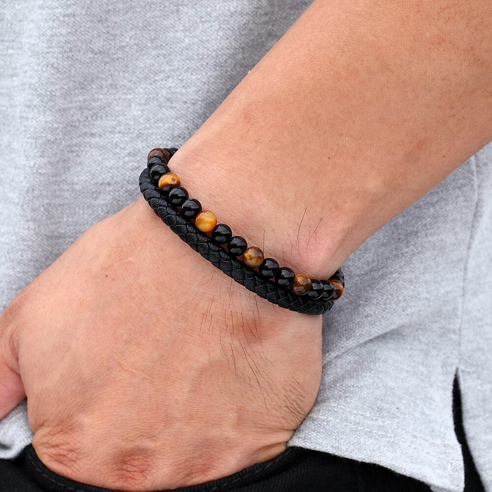 Men Bracelet Natural Stone Beads Double Layer Leather Bracelet