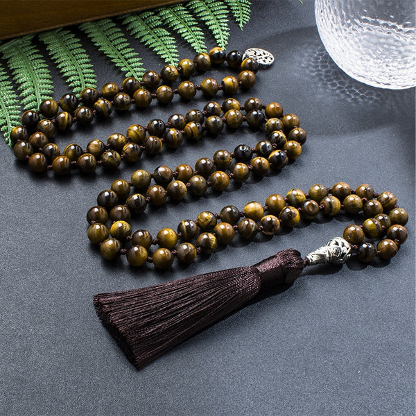 Collar de japamala de ojo de tigre amarillo natural de 8 mm, conjunto de joyas para meditación y yoga