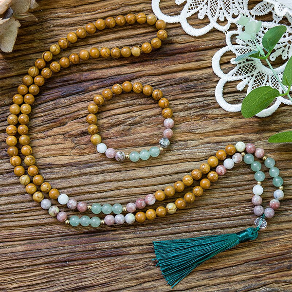 8mm Natural Green Aventurine Yellow Wood Jasper Red Plum Flower Beaded Necklace