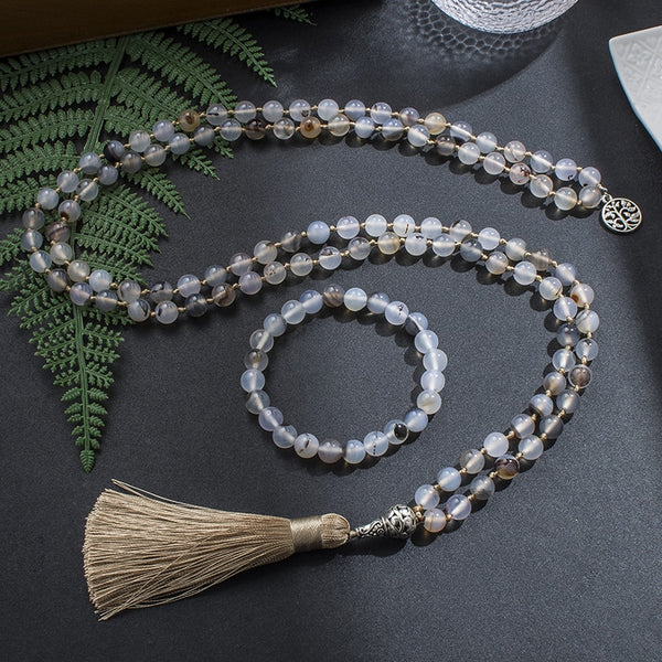 8mm Natural White Black Flower Agate Beaded Knotted Mala Necklace