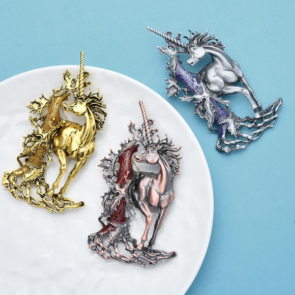 Broches vintage de unicornio grande para mujer y hombre, broche retro de hada y caballo de 3 colores.