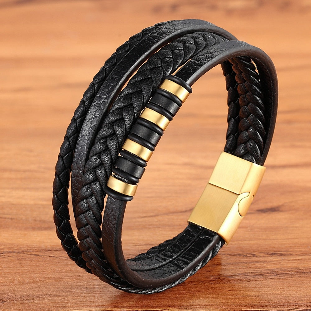 Classic Multi-layer Luxury Style Stainless Steel Men Leather Bracelet