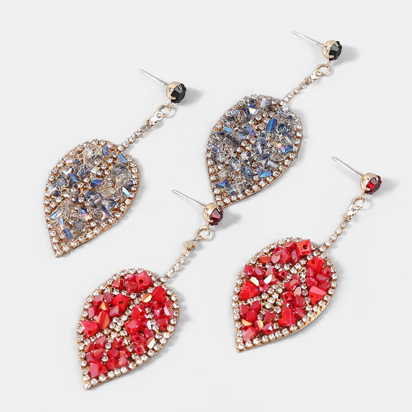 Pendientes de hoja de acrílico con diamantes de imitación de metal de moda para mujer