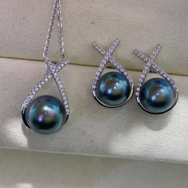 Conjunto de joyería para mujer con perlas finas redondas negras de Tahití de 9-10 mm, naturales y oceánicas