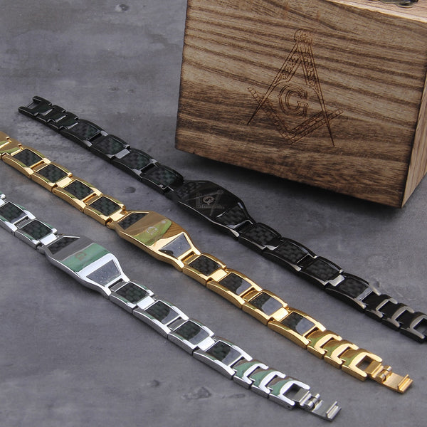 Pulsera magnética masónica negra de acero inoxidable para hombre con cadena de identificación.