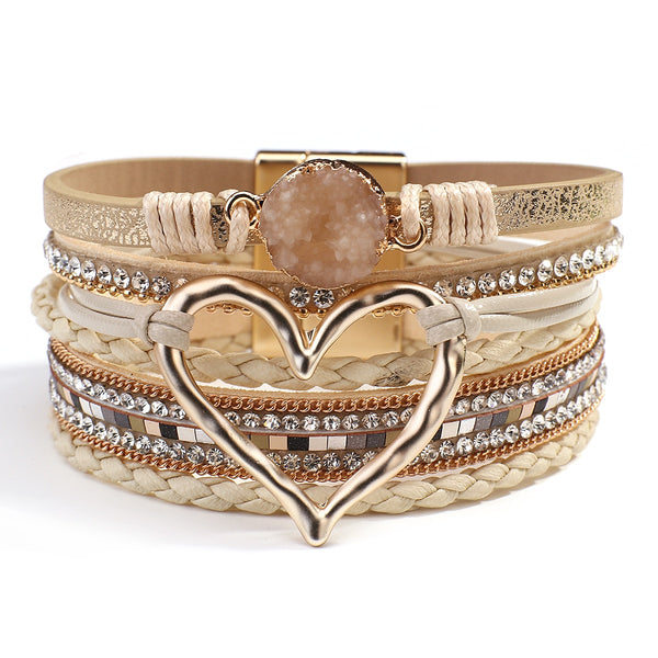 Pulseras de cuero trenzado de moda, brazaletes multicapa de resina con dije de corazón hueco y piedra.