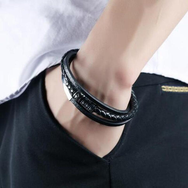 Classic Black Men Leather Bracelet Multilayer Silver Color Magnetic Clasp Casual Bracelet