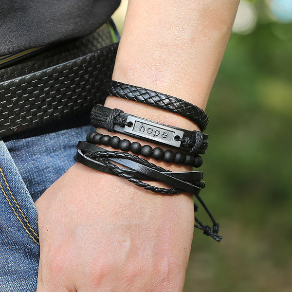 Pulsera de cuero trenzado multicapa estilo punk vintage (4 piezas/juego)