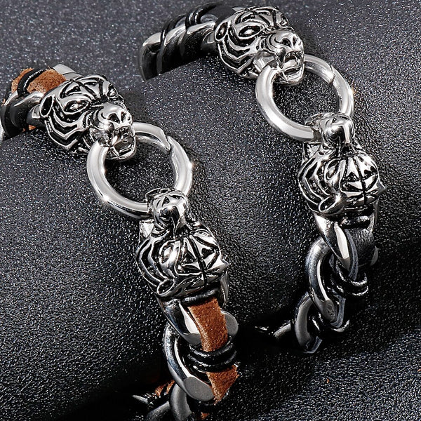 Pulsera trenzada de cuero negro y marrón para hombre.