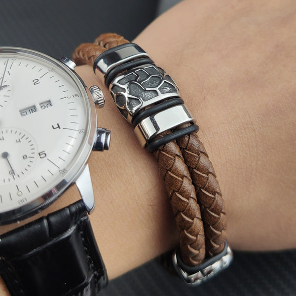 Pulsera de acero inoxidable 316L punk marrón con grietas irregulares para hombre