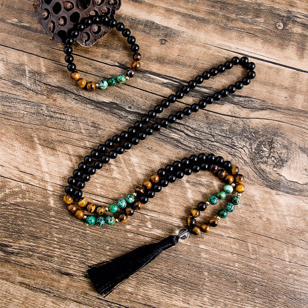 8mm Black Onyx Yellow Tiger Eye African Turquoise 108 Mala Necklace Sets